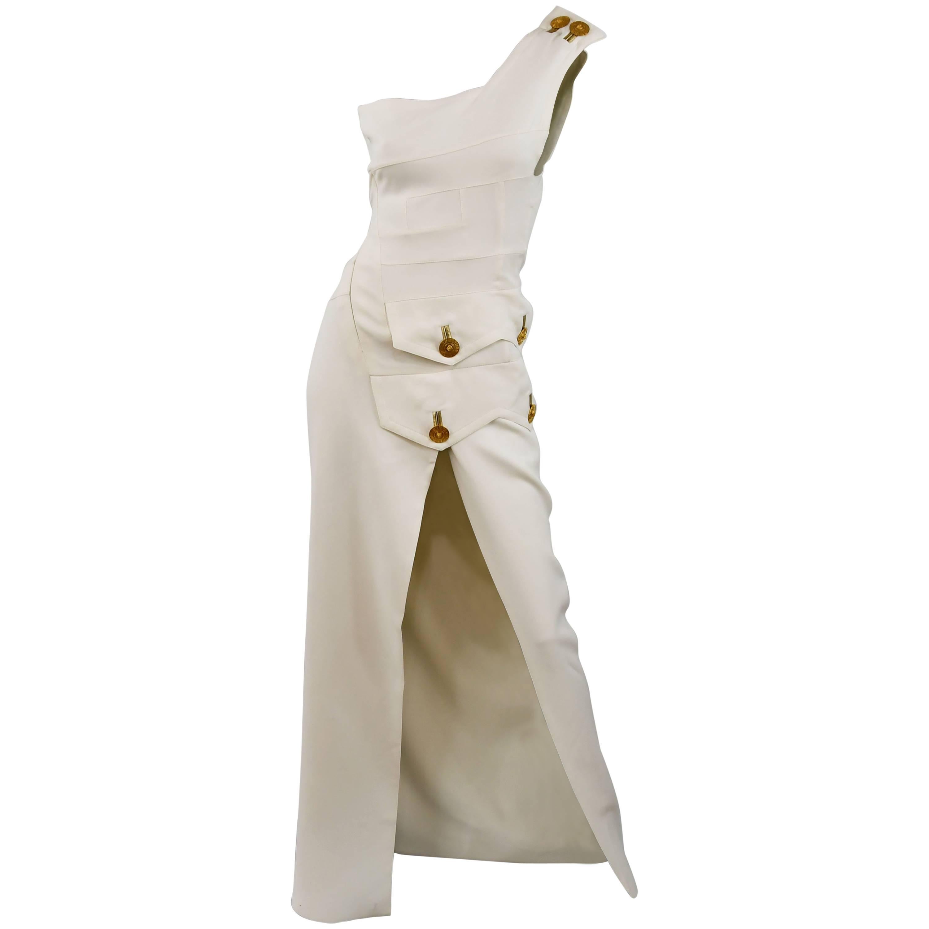 Versace White Column Gown with Medusa Button Trim and deep slit  For Sale