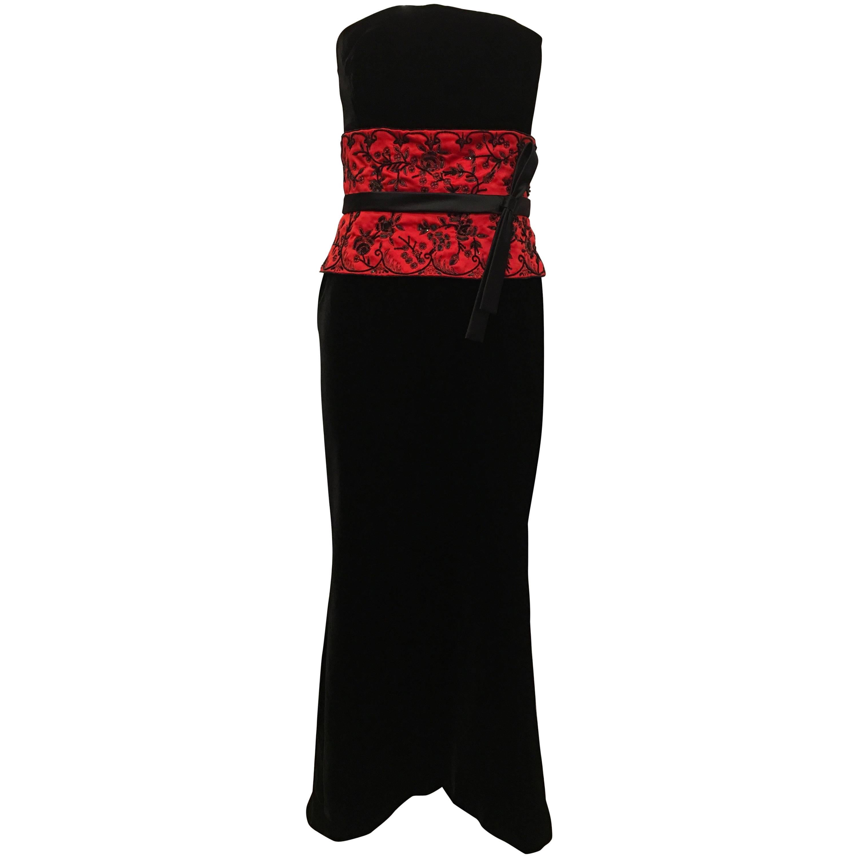 Escada Black Velvet Strapless "Obi" Gown For Sale