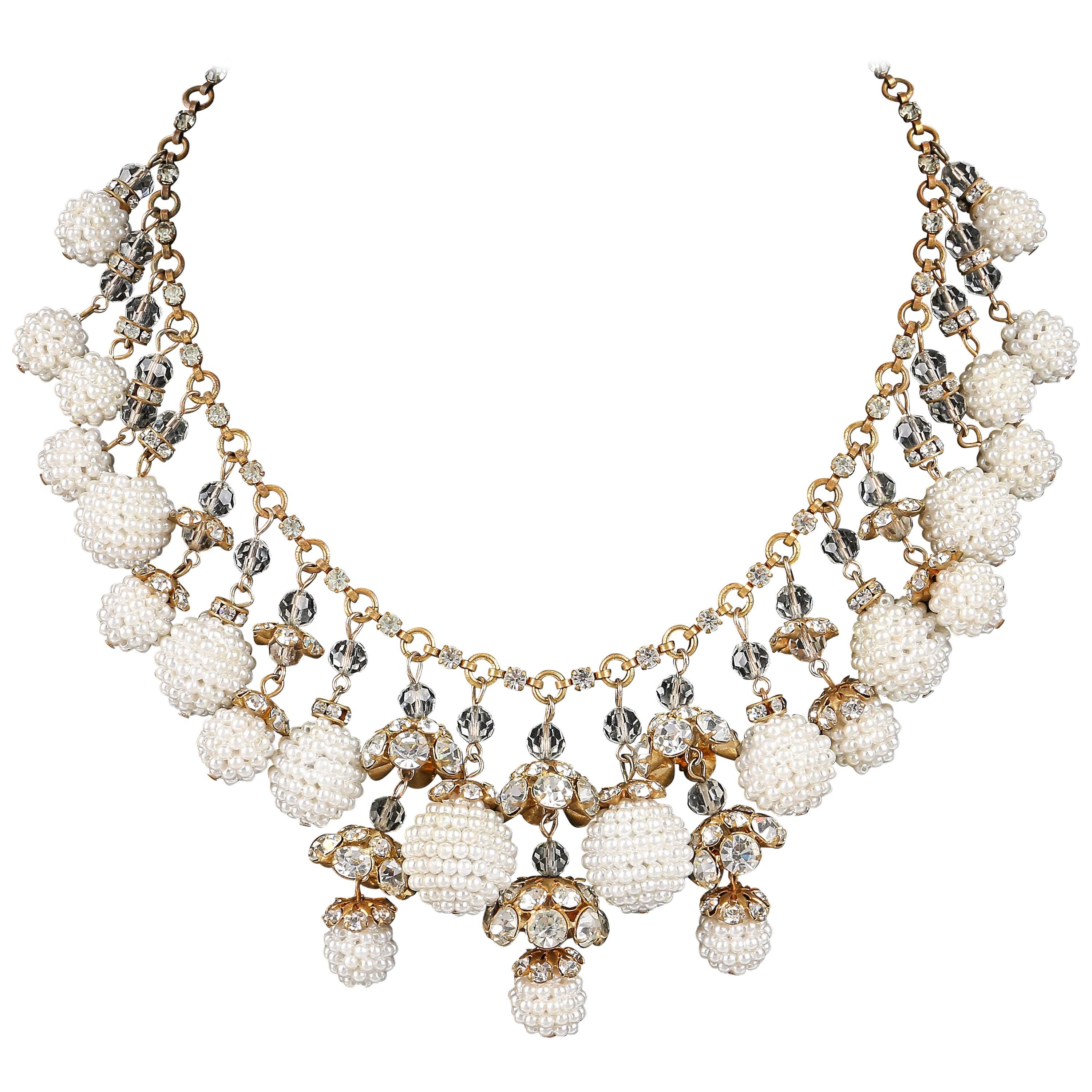 Crystal Rhinestone Pearl Cluster Gold Multi-drop Statement Bib Necklace, 1950s