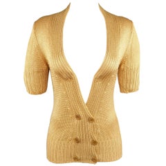 MISSONI Size M Gold Rayon Knit Double Breasted Short Sleeve Cardigan