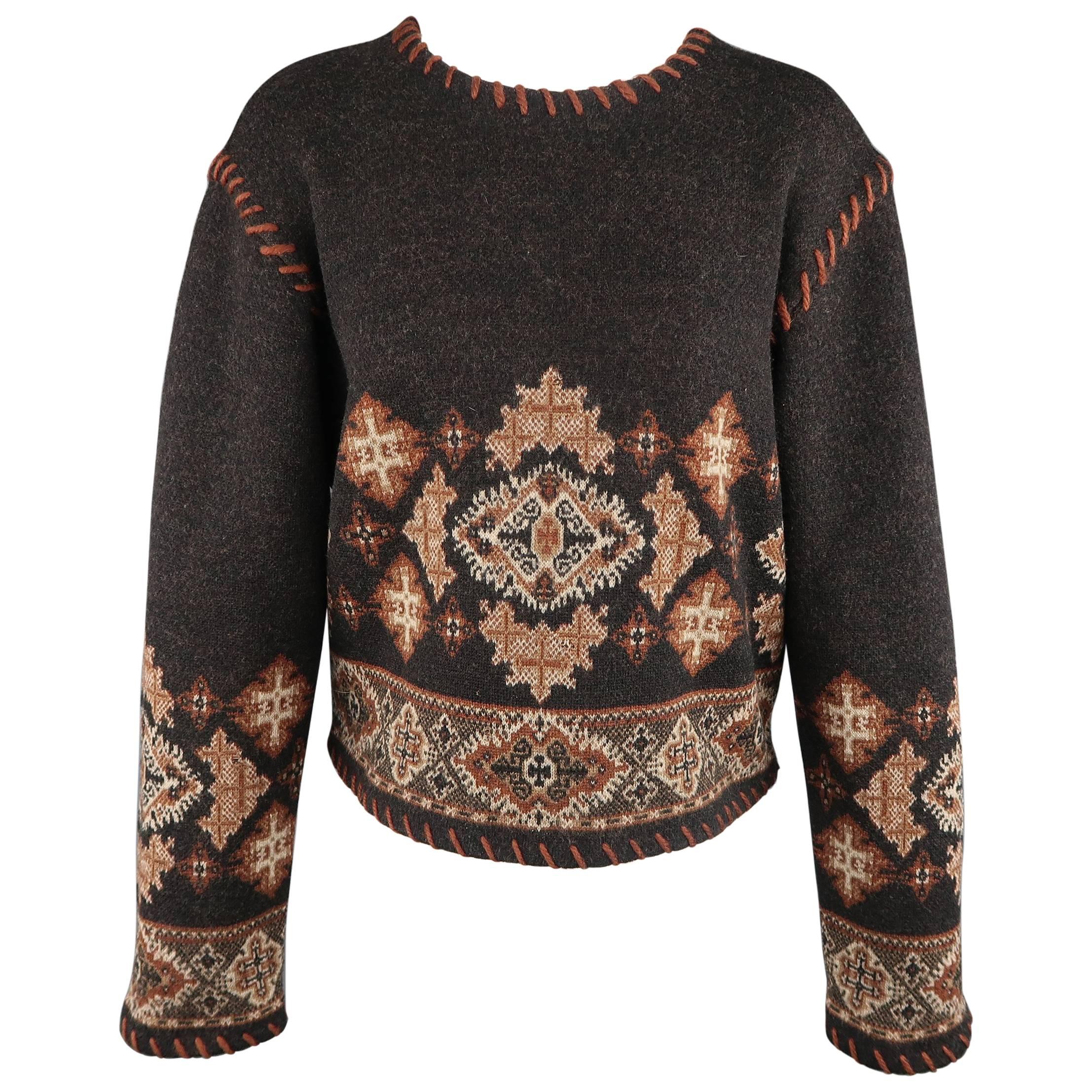 Vintage MATSUDA Size M Grey & Brown Fair Isle Whipstitch Sweater