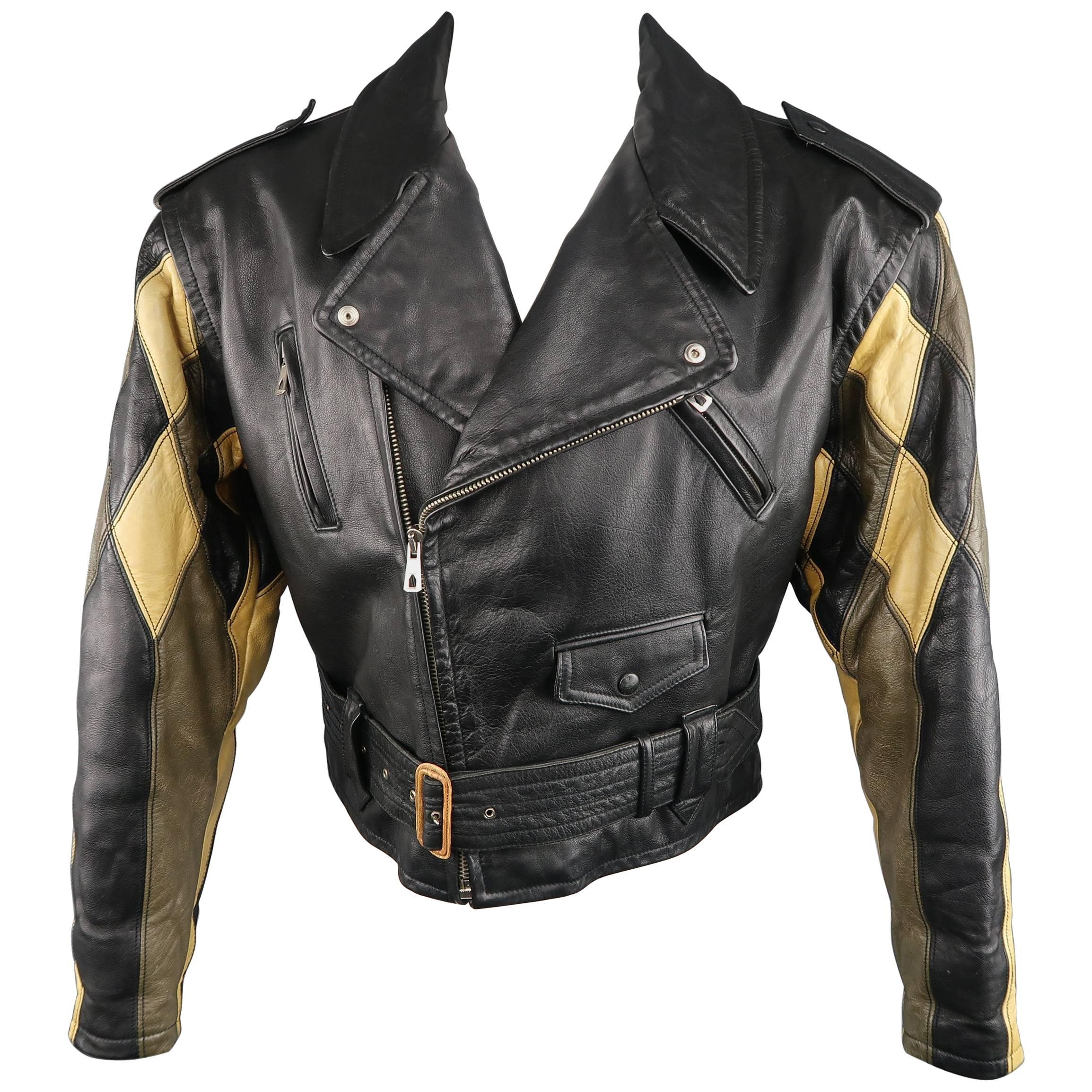 JEAN PAUL GAULTIER 42 Black & Beige Leather Harlequin Sleeve Biker Jacket