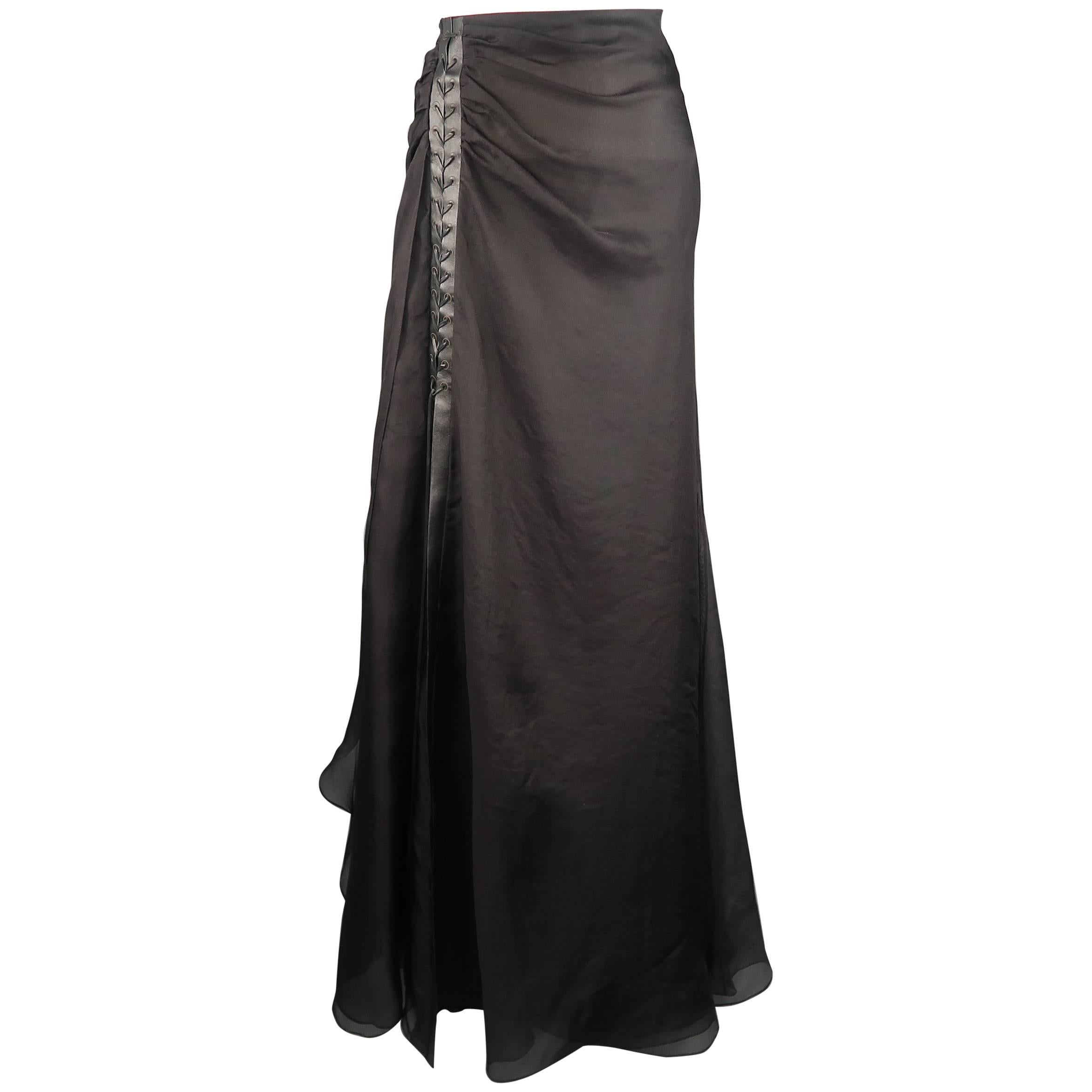 Ralph Lauren Black Silk Layered Mesh Leather Lace Up Slit Skirt