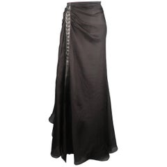 Ralph Lauren Black Silk Layered Mesh Leather Lace Up Slit Skirt