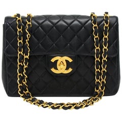 Vintage Chanel 12" Jumbo Black Quilted Leather Shoulder Flap Bag 