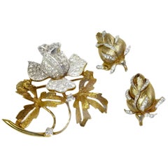 Vintage Signed Trifari Floral Brooch & Earrings Set