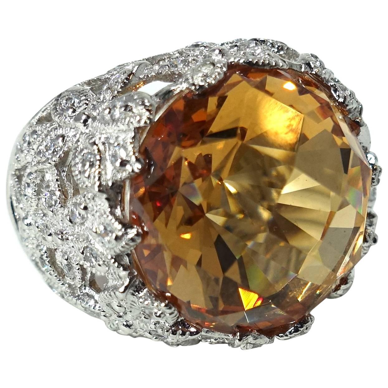 Sterling Silver & Faux Citrine Rhinestone Ring For Sale