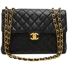 Vintage Chanel 12" Jumbo Black Quilted Leather Shoulder Flap Bag