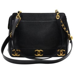 Chanel Vintage 12" Black Caviar Leather Large Shoulder Tote Bag