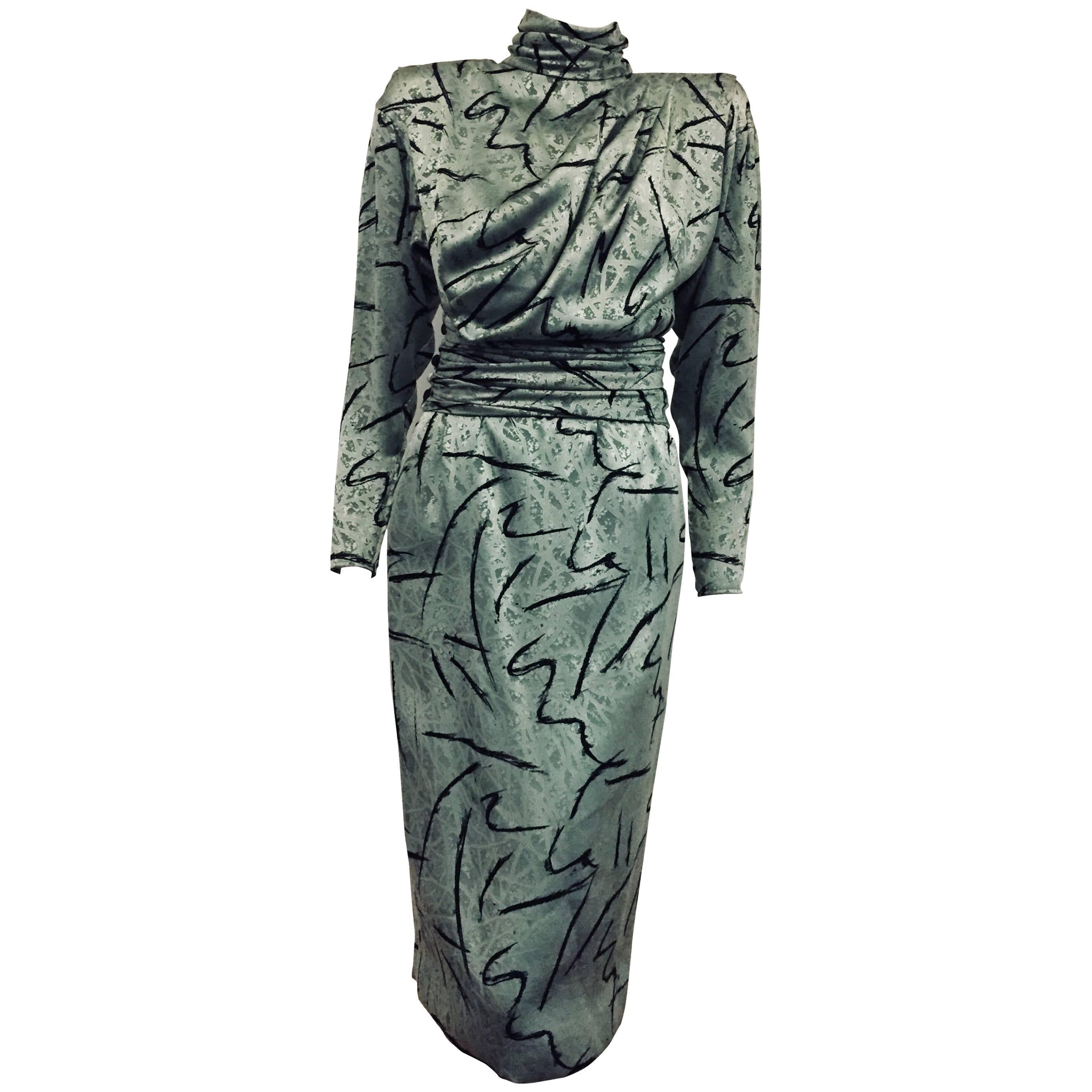Elegant Emanuel Ungaro Sage Green Jacquard Long Sleeve Dress For Sale