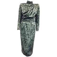 Elegant Emanuel Ungaro Sage Green Jacquard Long Sleeve Dress