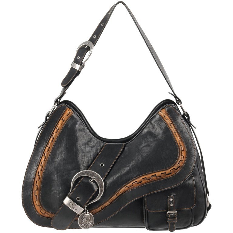 Christian Dior "Gaucho" Black and Tan Leather Double Saddle Bag Purse, S/S 2006 at 1stDibs