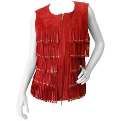 1990s Zip Up Red Suede Studded Fringe Vest