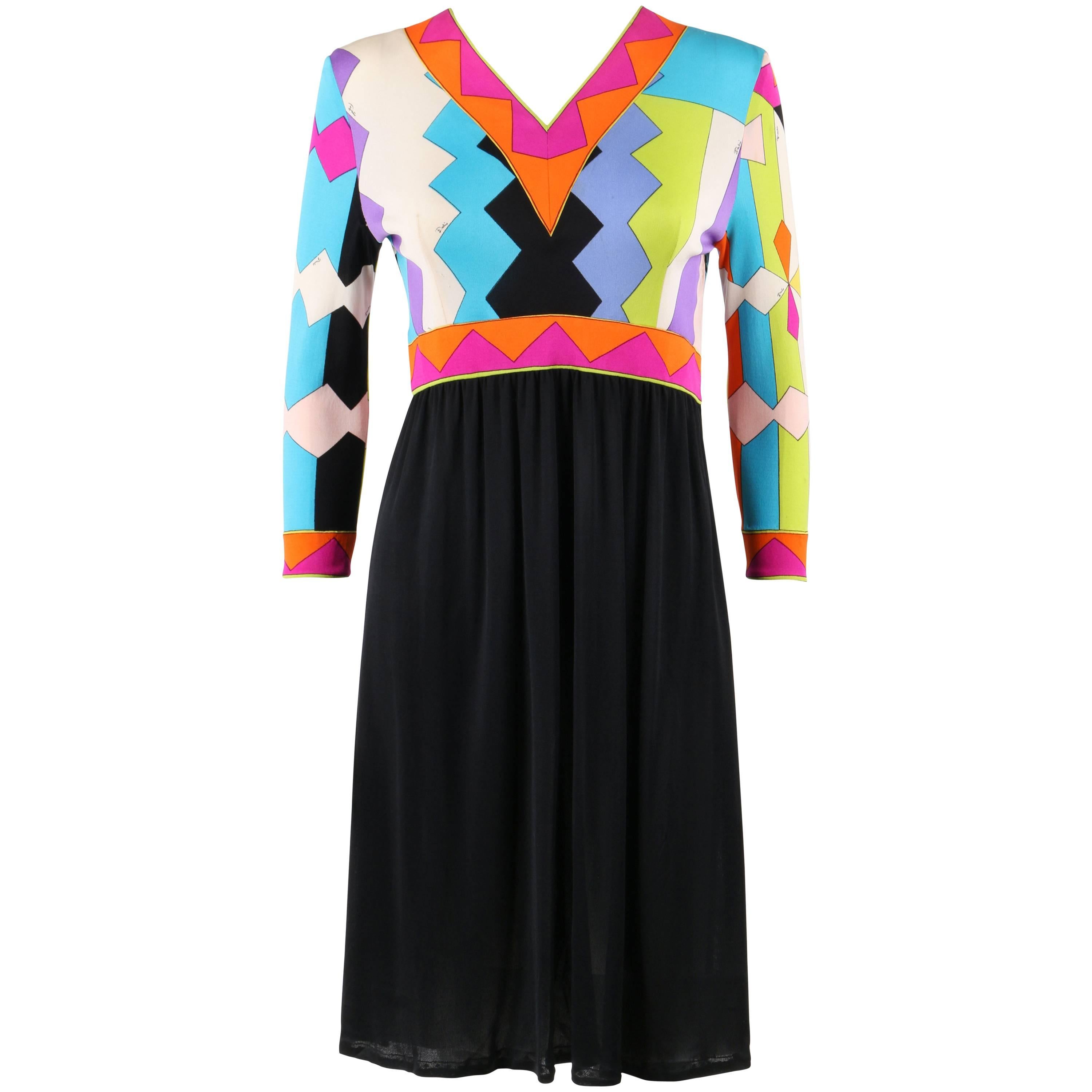Emilio Pucci Blue Multicolor Geometric Signature Print Silk Shift Dress, 1960s