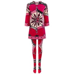 Vintage Emilio Pucci 2 Piece Floral Signature Print Velvet Tunic Dress Tights Set, c1969