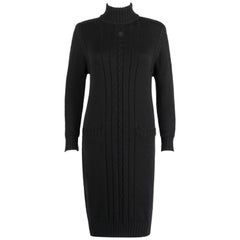 COURREGES c.1980's Black Wool Cable Knit Mock Neck Sweater Dress