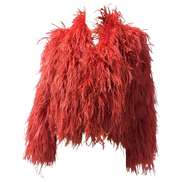 Adrianne Landau Coral Red Ostrich Feather Chubby, 1980s at 1stDibs