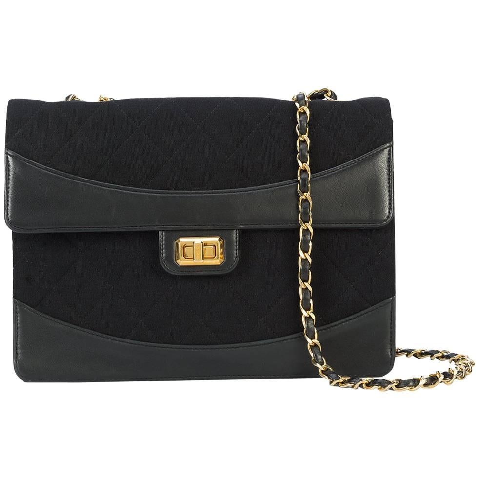 Chanel Black Leather Fabric Gold Evening Single Double Strap Shoulder Flap Bag