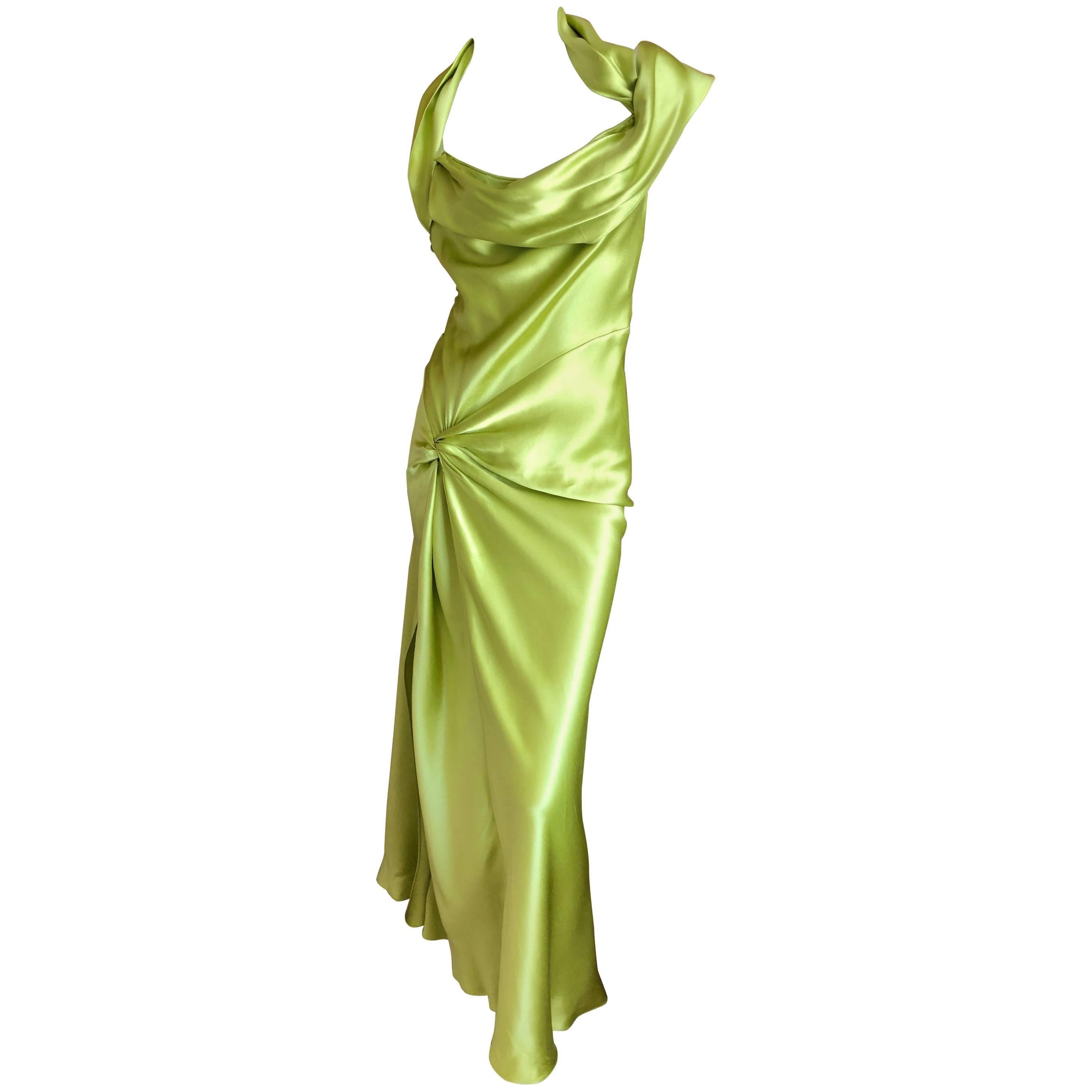 Christian Dior by John Galliano Bias Cut Green Silk Satin Dress with Knot Motif