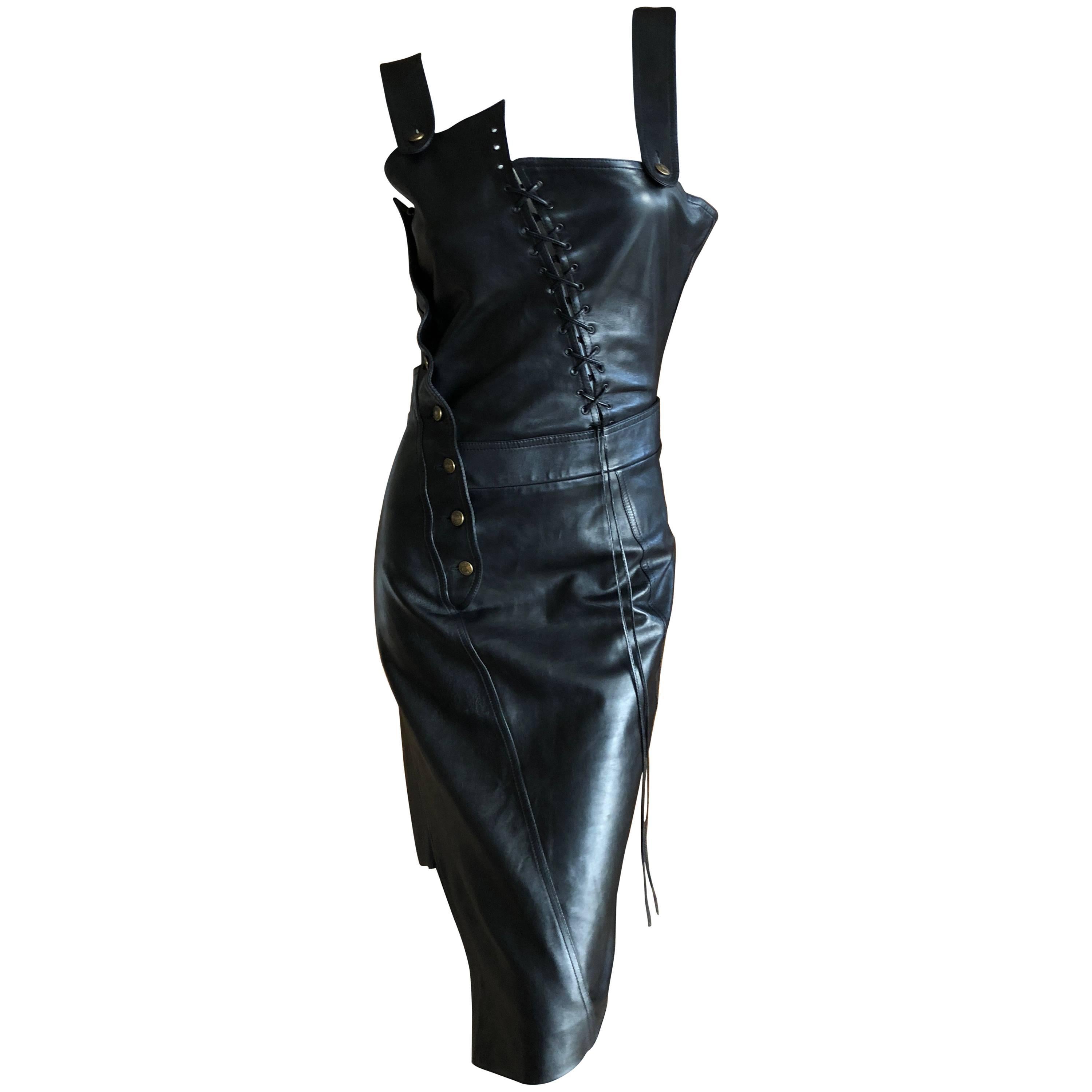 Christian Dior John Galliano Goth Black Asymmetrical Leather Dress Spring 2000 For Sale