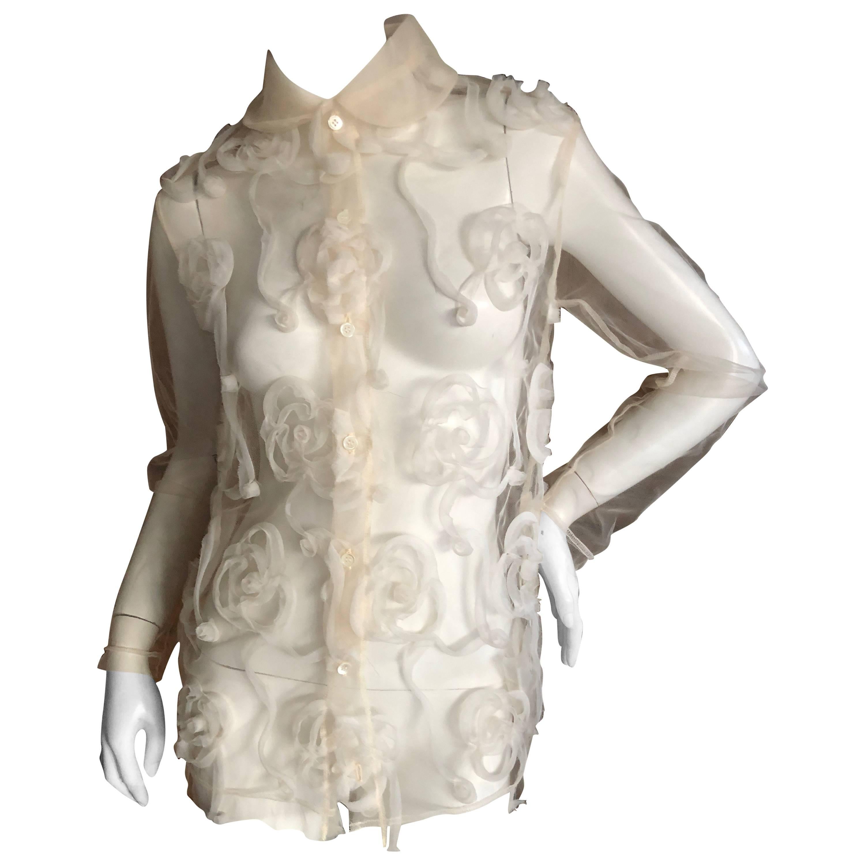 Tricot Comme des Garcons Sheer Blouse with Tulle Overlay Floral Details New Tags For Sale