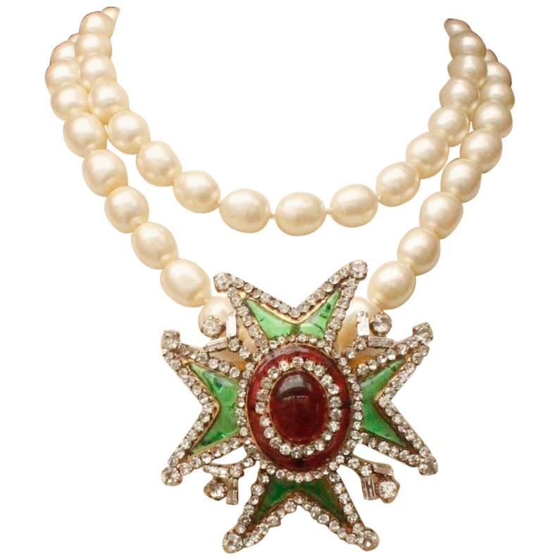 Chanel pearly beads necklace with glass paste and rhinestones Maltese cross