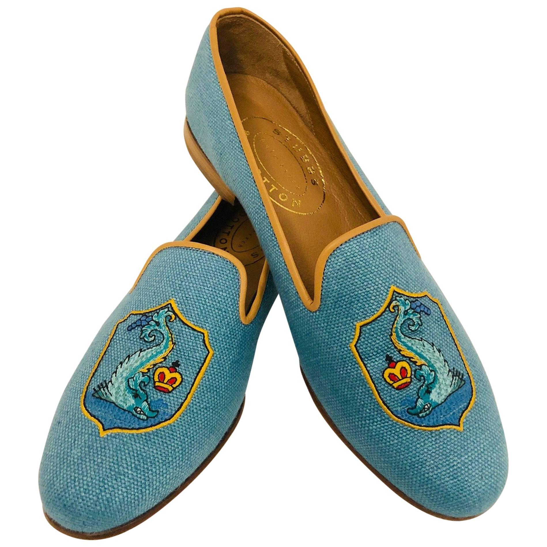 Striking Stubbs & Wootton Turquoise Needlepoint Serpent & Crown Slippers  For Sale