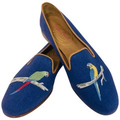 Used Sublime Stubbs & Wootton Royal Blue Needlepoint Parrot Slippers 