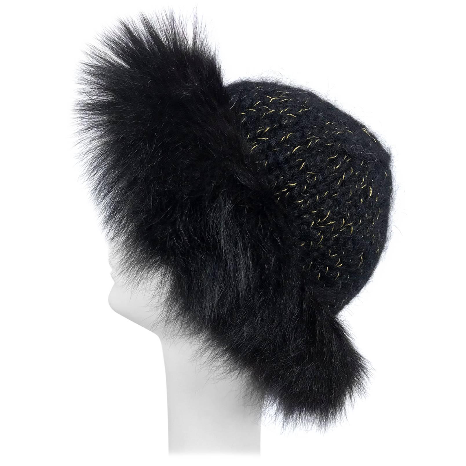 Lillie Rubin black fox fur and metallic knit hat 1970s