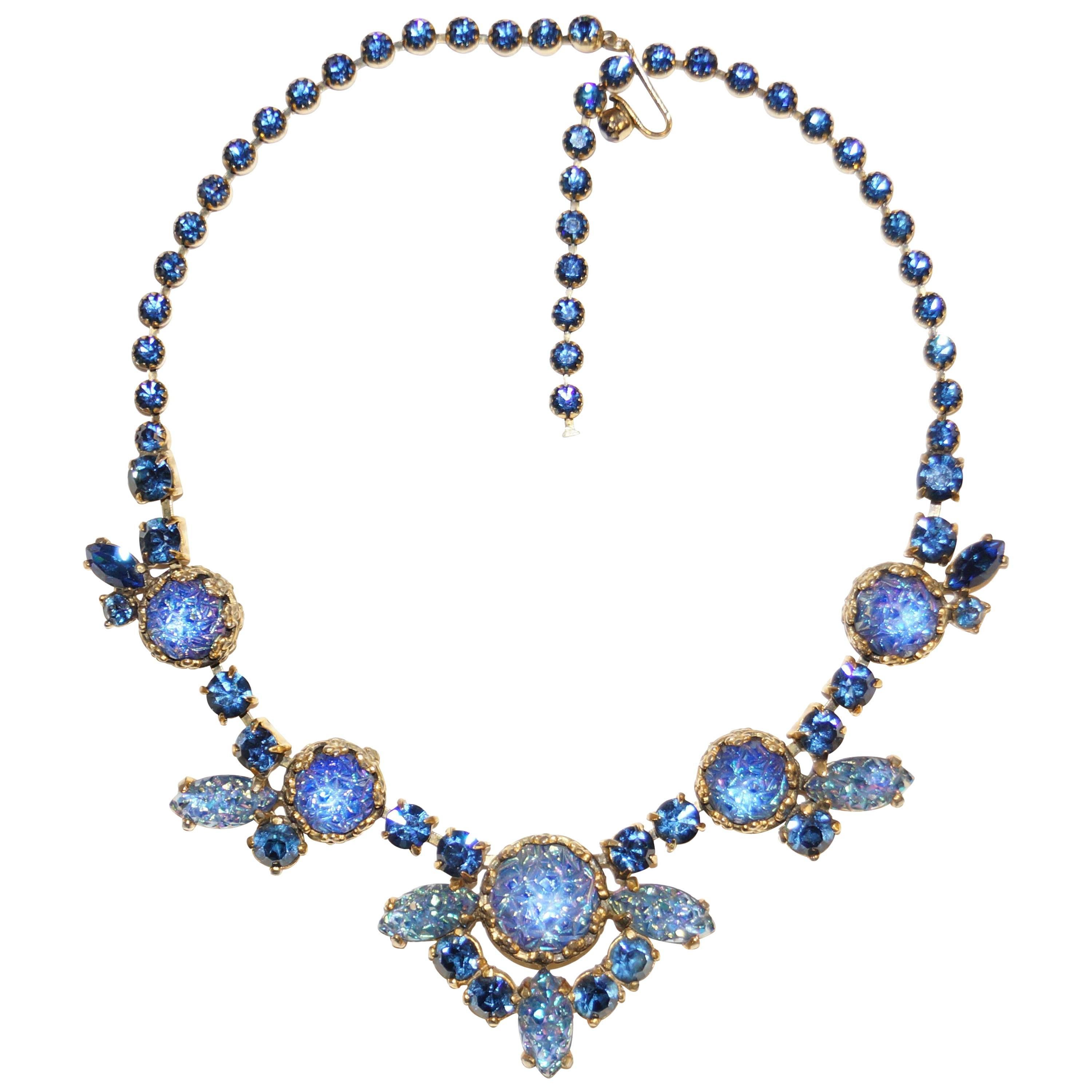 1950s Elsa Schiaparelli Irridescent Blue Art Glass & Rhinestone Necklace
