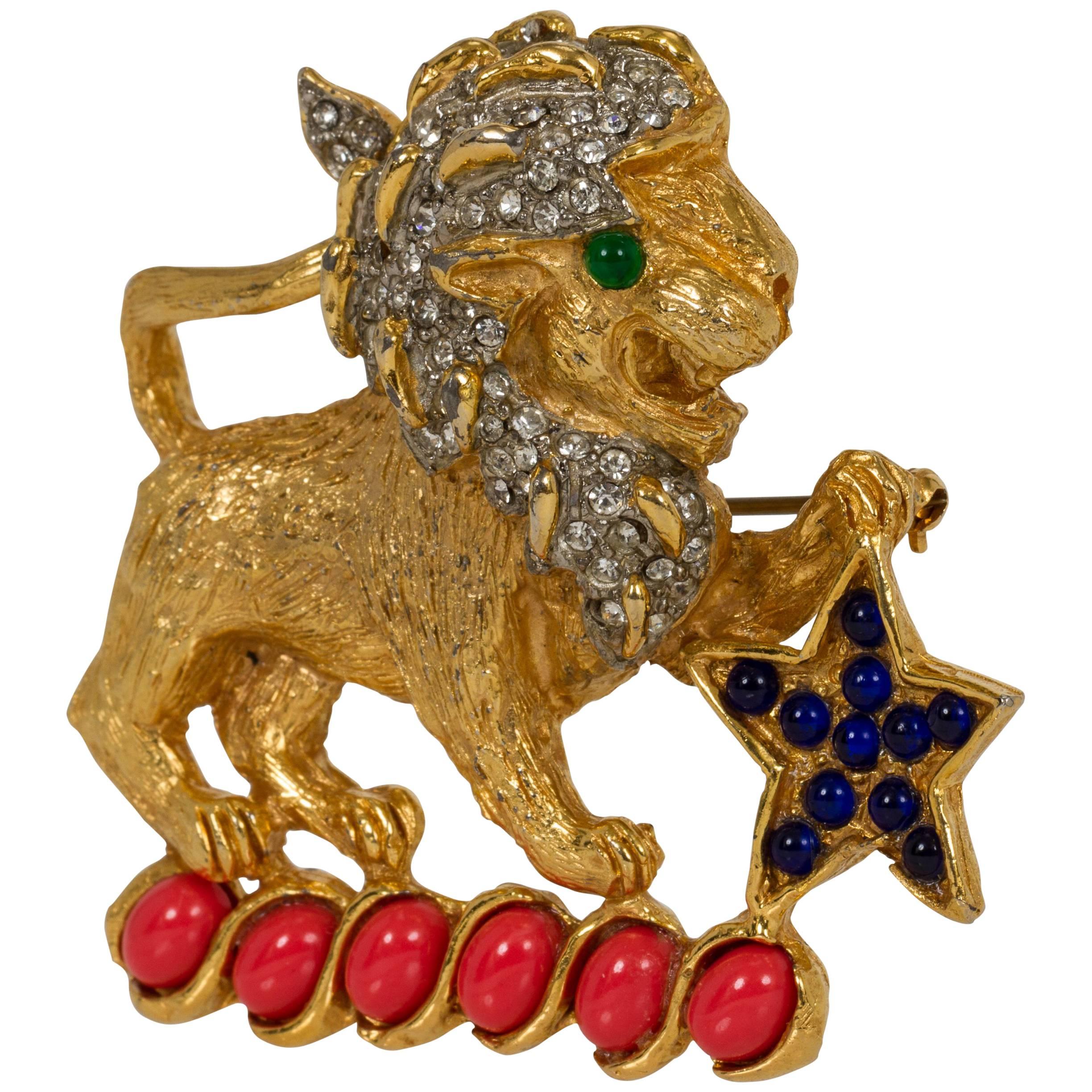 Iconic 1960's Kenneth Jay Lane Gold Coral Lion Pin For Sale