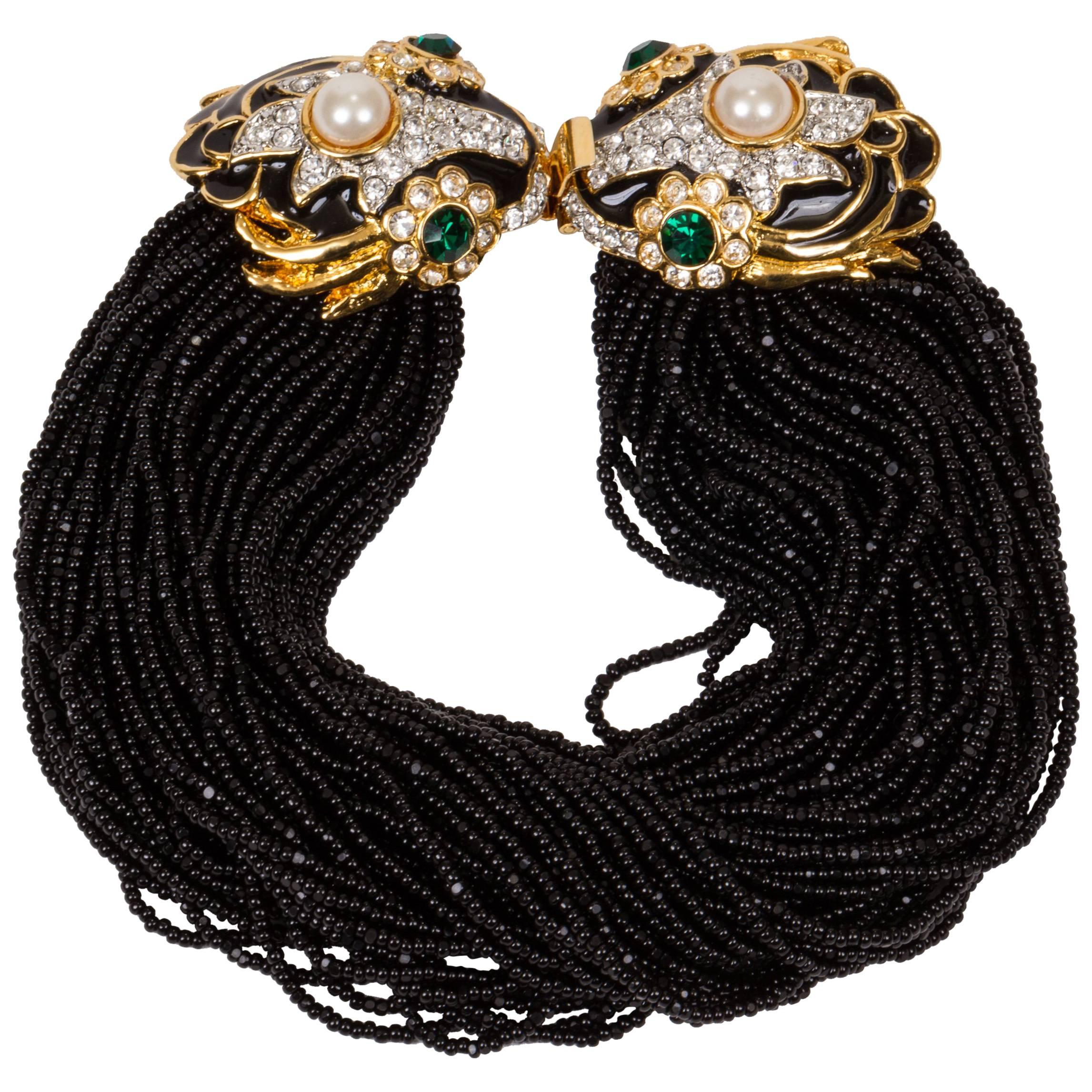 1980's Kenneth Jay Lane Multi Strand Black  Bead Rhinestone Bracelet