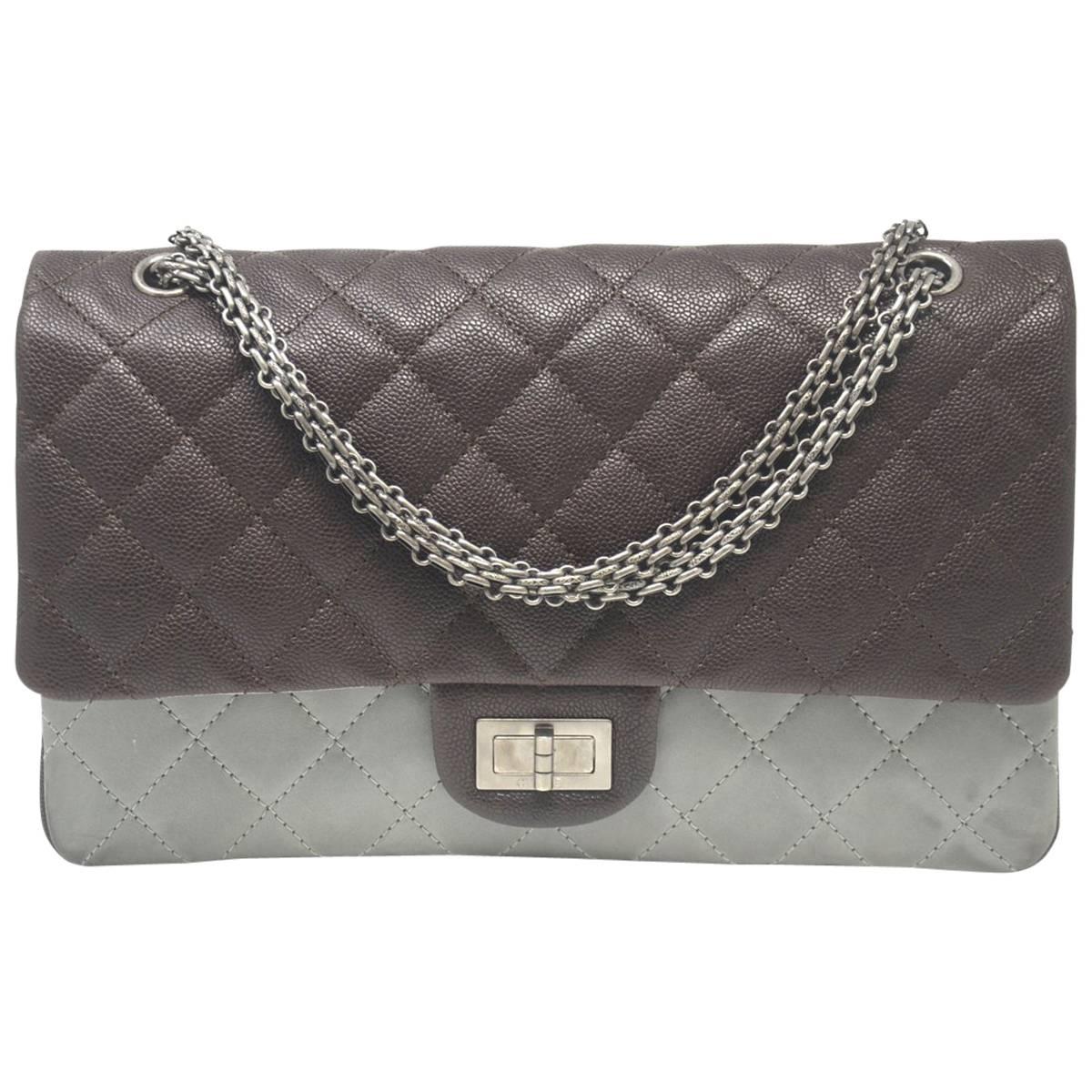 CHANEL Two-Toned Brown/Grey 2.55 Reissue Classic 227 Flap Handbag