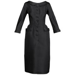 1950s Vintage Black Button Up Hourglass Silhouette Bombshell Wiggle Sheath Dress