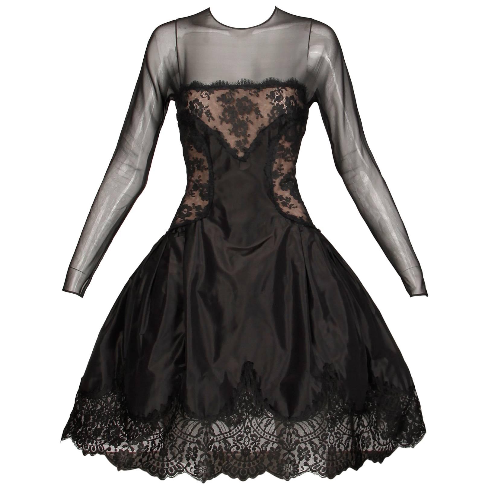 1990s Arnold Scaasi Vintage Black Silk Nude Illusion Chantilly Lace Dress
