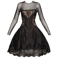 1990s Arnold Scaasi Vintage Black Silk Nude Illusion Chantilly Lace Dress