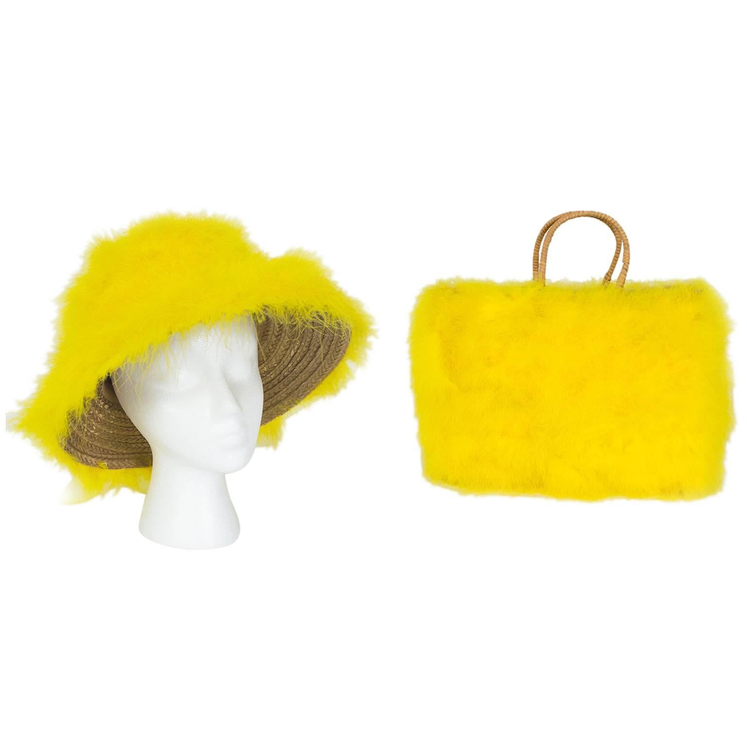 Marabou Feather Bucket Hat and Tote Bag Set, 1960s