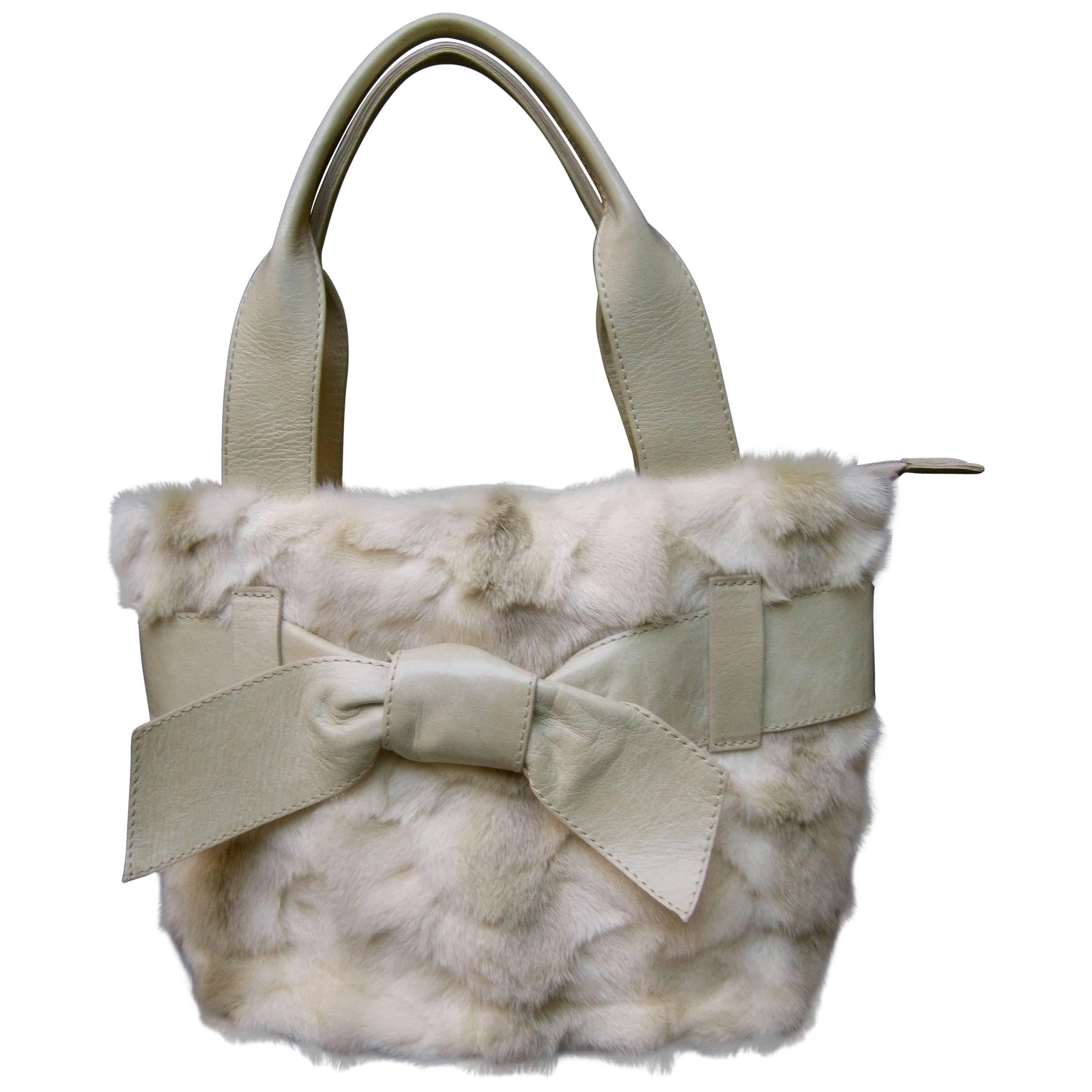 Italian Blonde Mink Fur Ivory Leather Handbag  