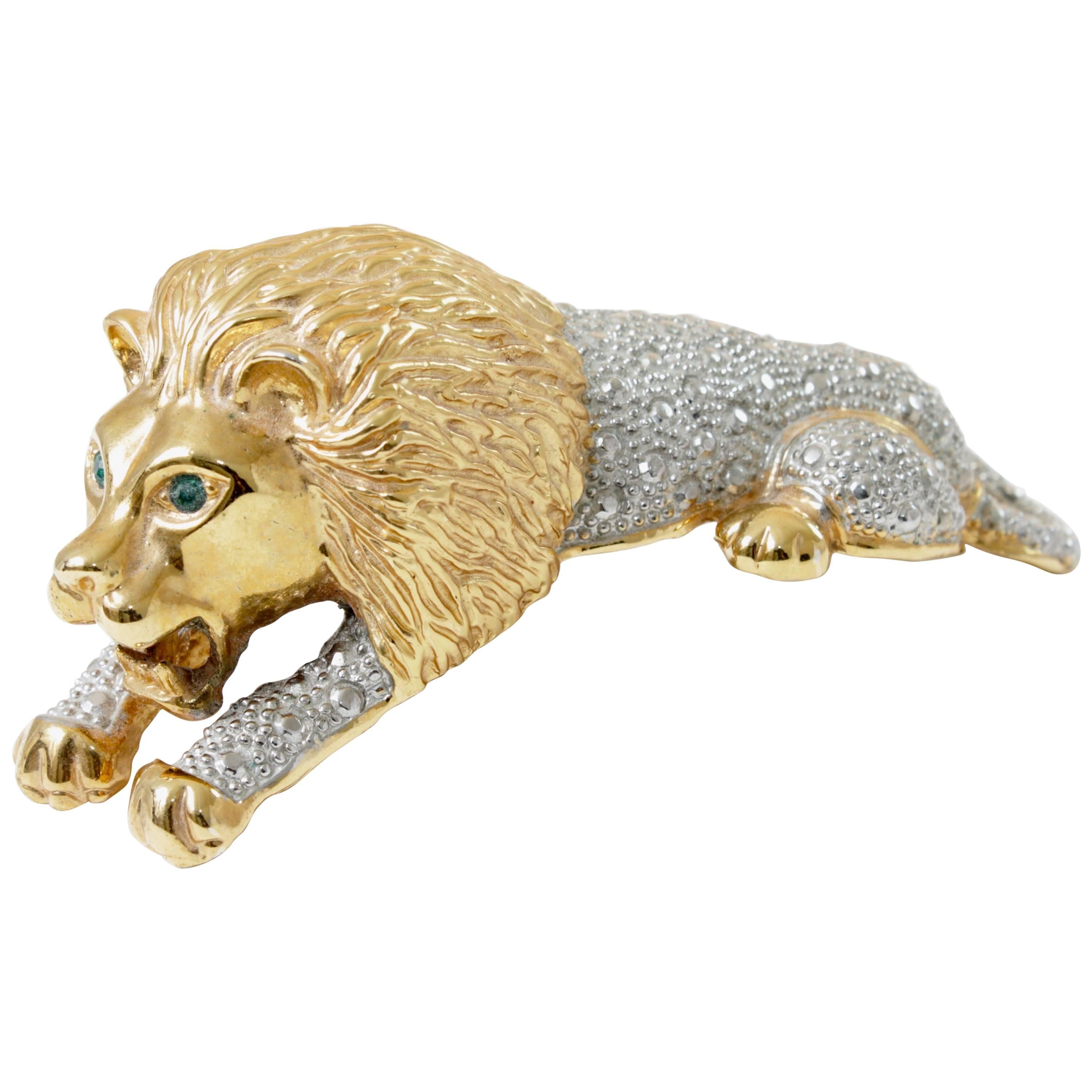 Roaring Lion Brooch Large Vintage Figural Shoulder Pin 4 inch Gold Silver Metal 