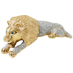 Roaring Lion Brooch Large Vintage Figural Shoulder Pin 4 inch Gold Silver Metal