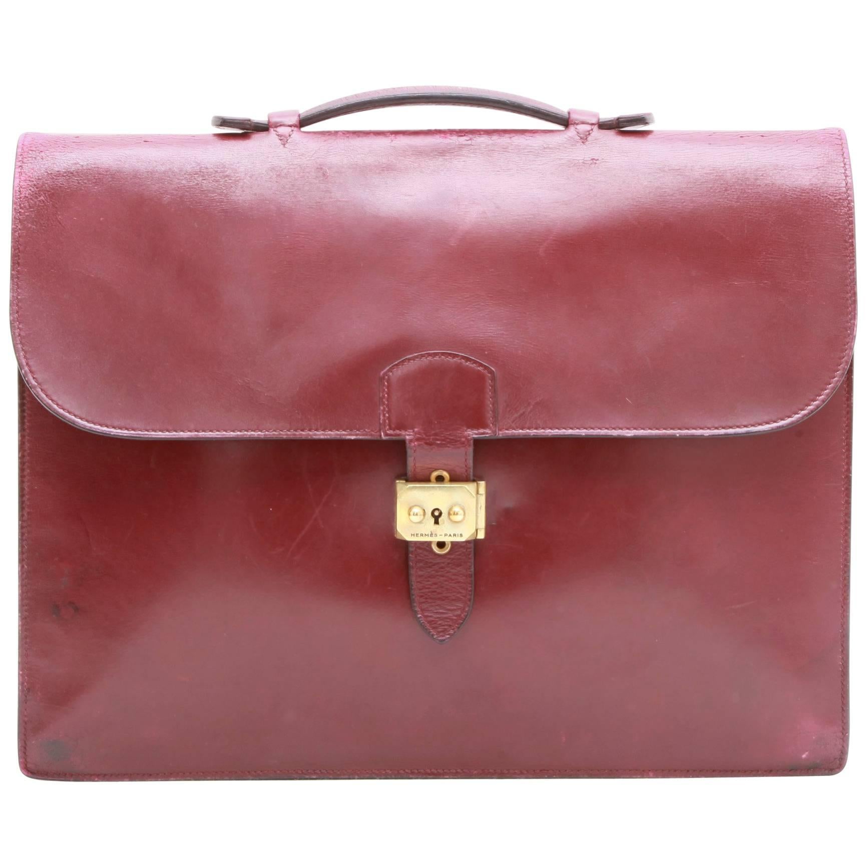 HERMES Vintage Satchel Bag in H Red Box Leather