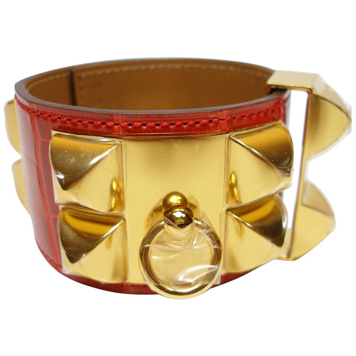 Hermès Bracelet CDC Collier de Chien Alligator Rouge Géranium Gold Hardware