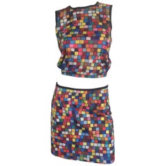 Used Todd Oldham iconic rubik's cube geometric print skirt and crop top ensemble 