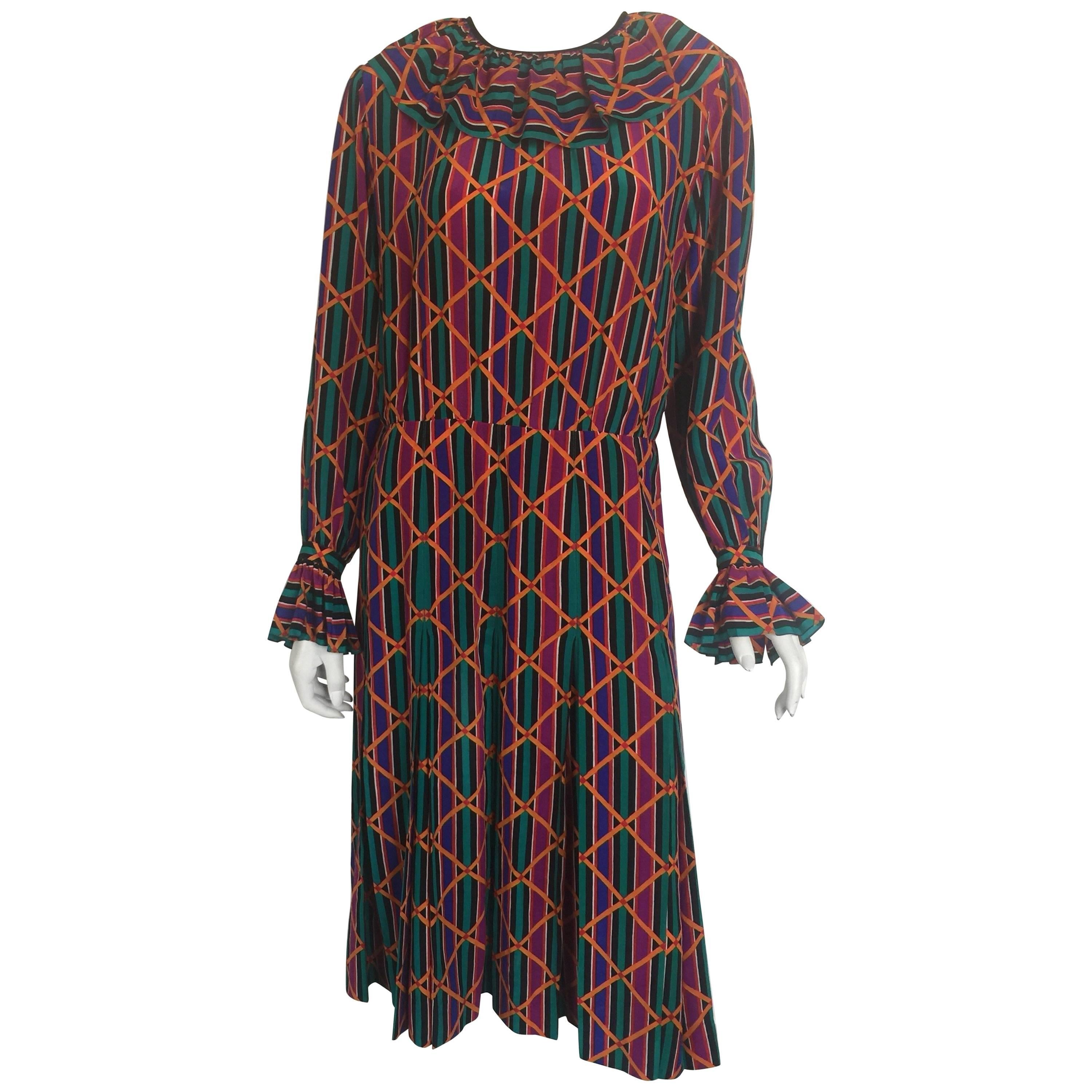 Yves Saint Laurent colorful ruffle collar and sleeve silk dress  For Sale
