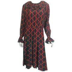 Vintage Yves Saint Laurent colorful ruffle collar and sleeve silk dress 