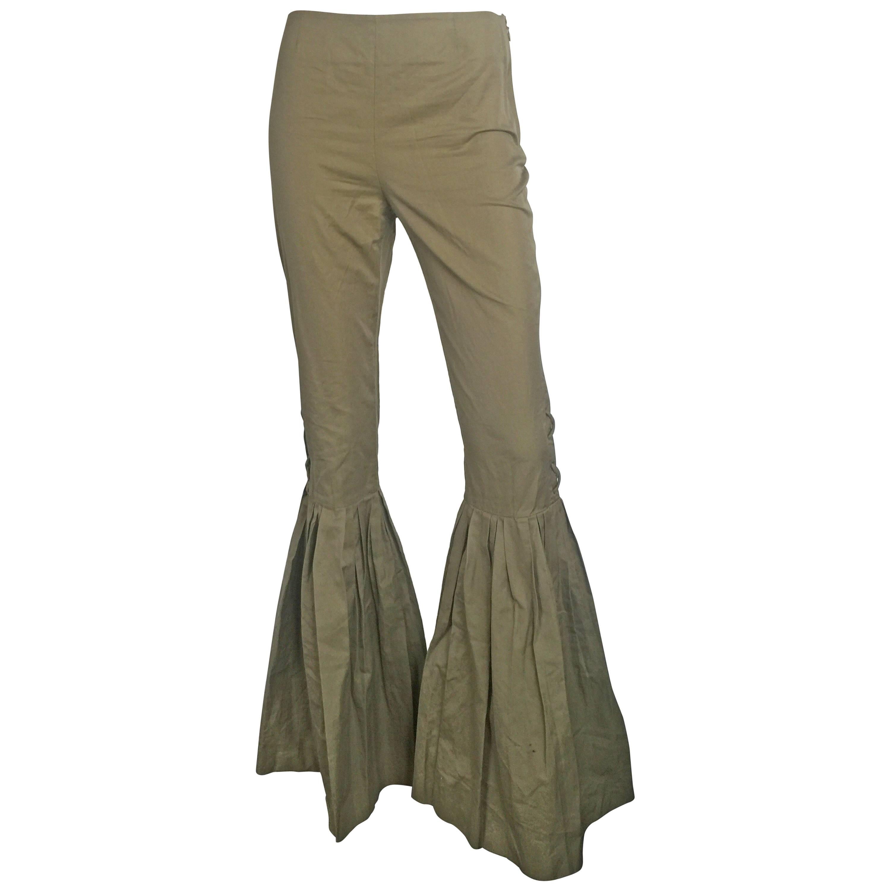 Safari green high waisted pleated bell bottom pants  For Sale
