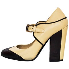Chanel Beige & Black Leather Mary Jane Pumps Sz 36