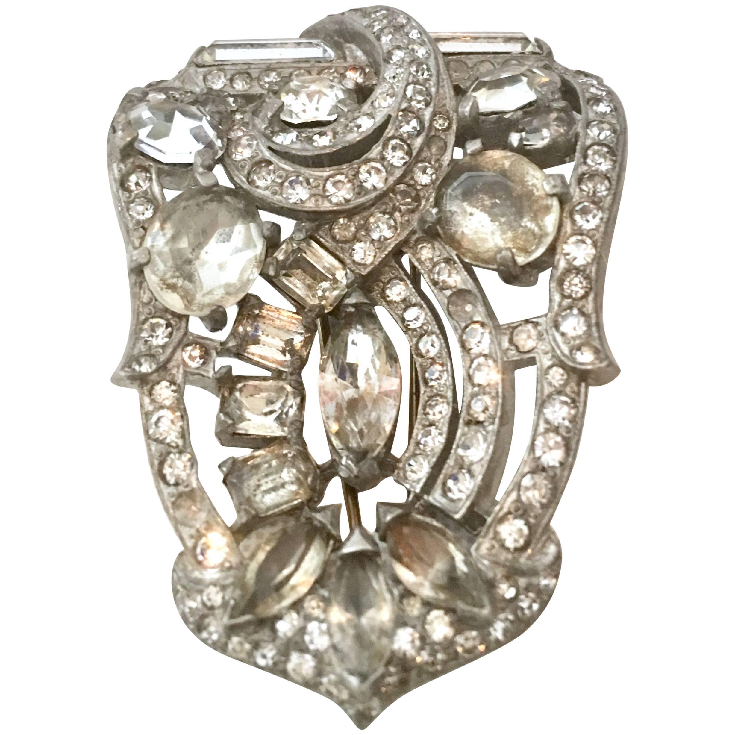 30'S Eisenberg Original Silver & Austrian Crystal Art Deco "Fur" Clip/Brooch  For Sale