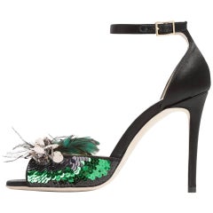 Jimmy Choo New Black Green Ostrich Sequin Evening Sandals Heels in Box