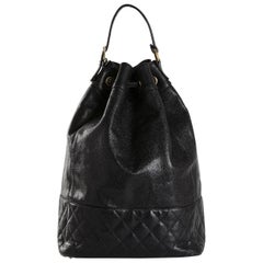 Vintage Chanel Black Leather Large Carryall Bucket Travel Top Handle Backpack Bag